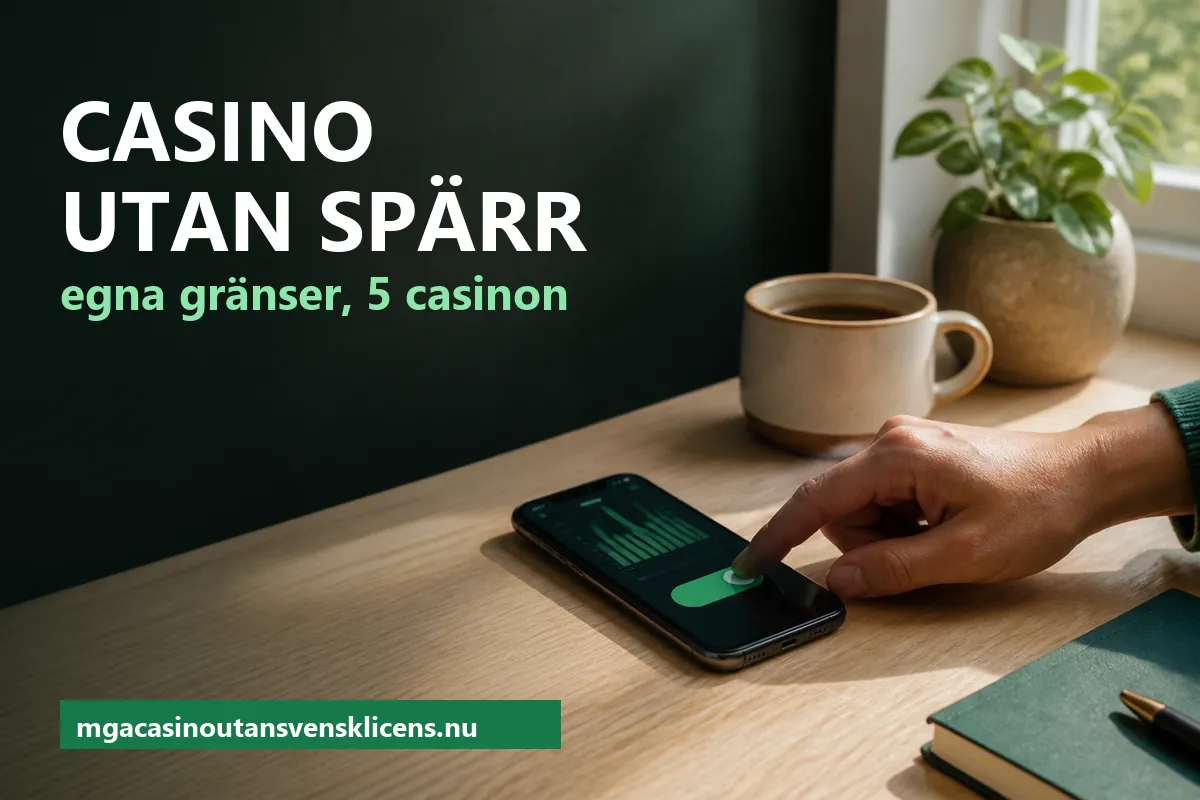 Casino utan spärr – en hand som drar ett reglage på en mobilskärm mot ett lägre läge, på ett ljust skrivbord med en kopp kaffe