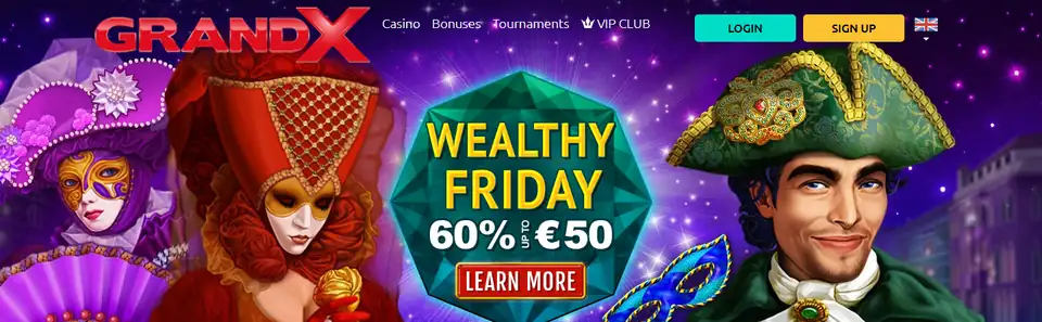 GrandX startsida med kampanjbanner och Amatic-slots