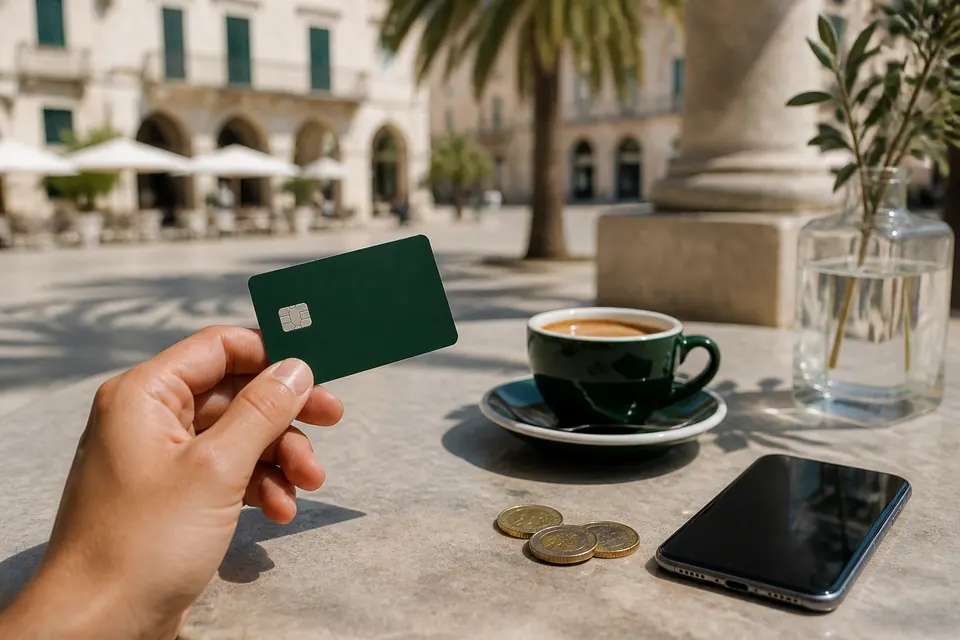 Hand som håller ett blankt grönt bankkort över ett kafébord med euromynt, mobil och espresso