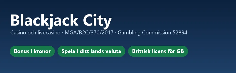 Faktakort för Blackjack City med licenserna från Malta och Storbritannien