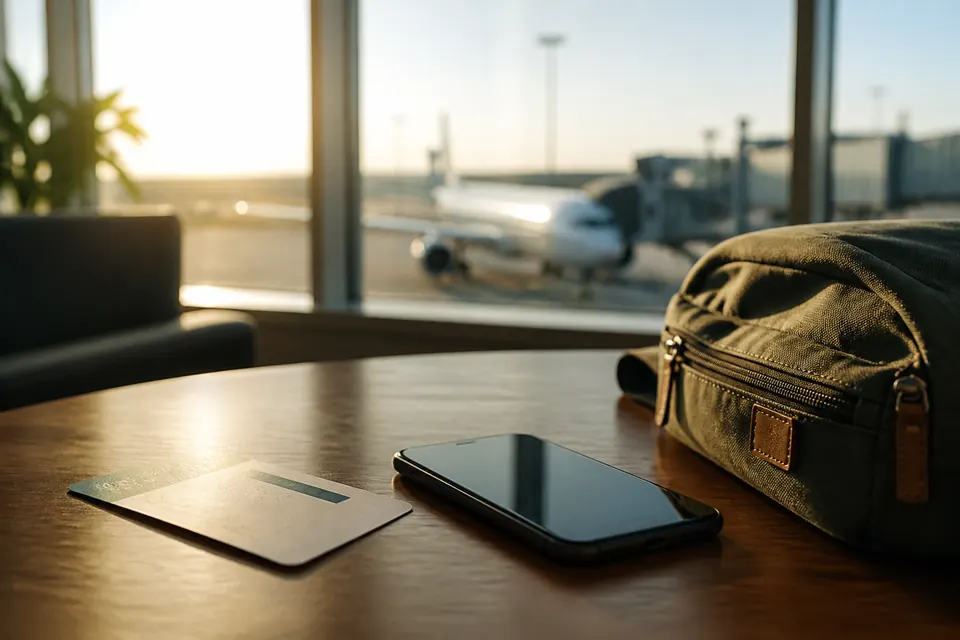 Mobiltelefon och boardingkort på ett bord i en avgångshall med ett flygplan utanför fönstret