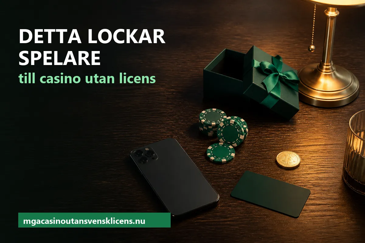 Detta lockar spelare till casino utan licens – presentask med grönt band, spelmarker, ett bankkort och ett mynt på ett mörkt träbord i lampljus