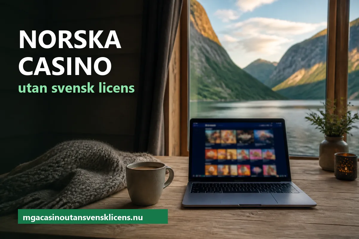 Bärbar dator med en suddig spellobby på ett träbord i en stuga med stort fönster mot en norsk fjord med branta berg i kvällsljus