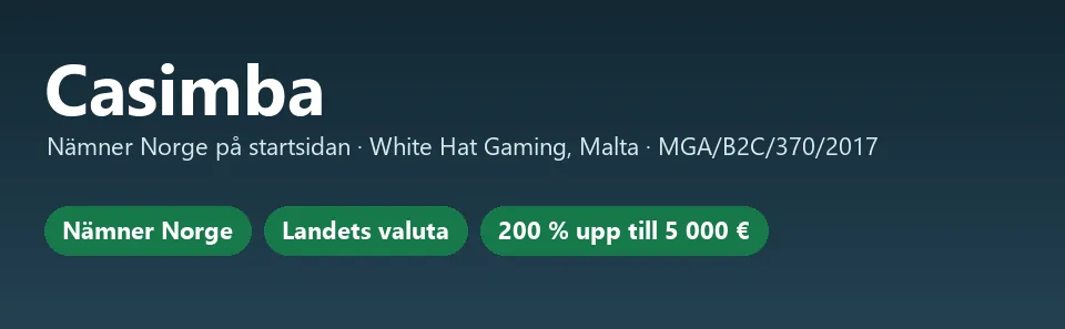 Faktakort för Casimba: nämner Norge på startsidan, konto i landets valuta, White Hat Gaming på Malta och MGA-licens