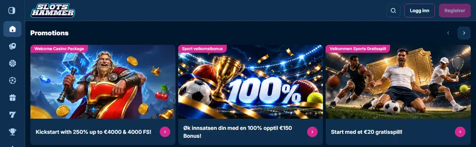 Slotshammers norska startsida med en gudafigur med hammare och välkomstkampanjen