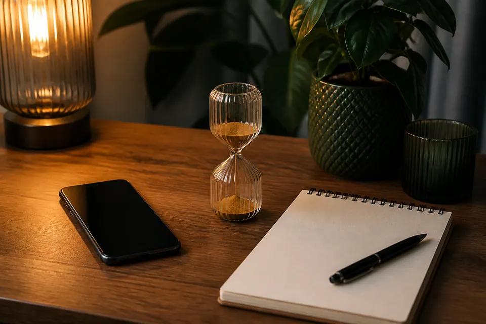 Mobiltelefon med mörk skärm, ett timglas och ett anteckningsblock utan text på ett skrivbord i kvällsljus