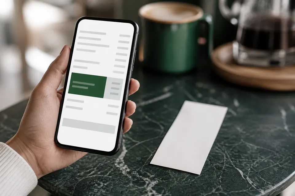Hand som håller en mobiltelefon med en abstrakt månadsräkning på skärmen över en cafédisk med ett kvitto