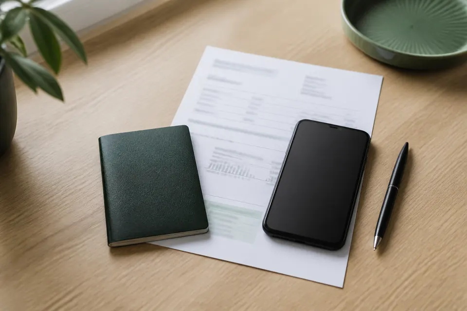 Pass, en räkning och en mobiltelefon på ett ljust skrivbord