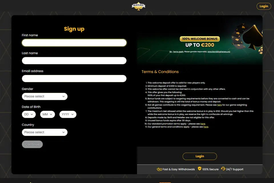 Blackjack Citys registreringssida med fälten First name, Last name, Email address, Gender, Date of Birth och Country