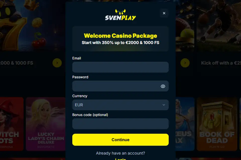 SvenPlays registreringsruta med fälten Email, Password, Currency och Bonus code