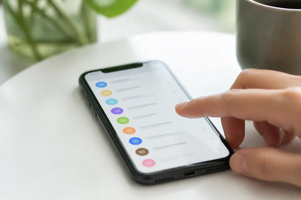 Finger som väljer en av flera färgade bankikoner i en lista på en mobilskärm