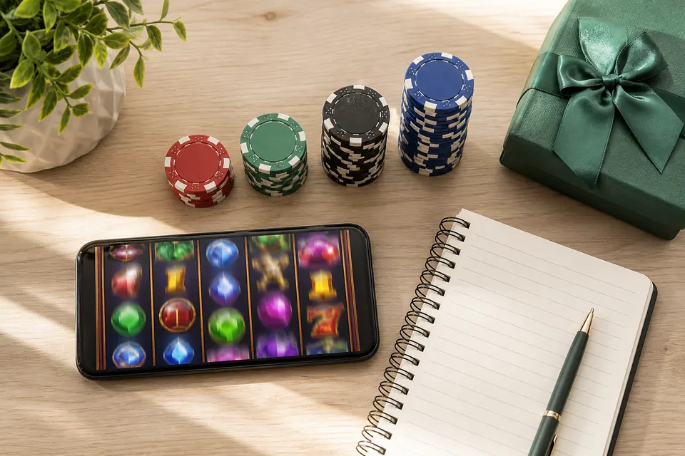 Mobil med en spelautomat, fyra högar casinomarker och ett inslaget paket på ett skrivbord