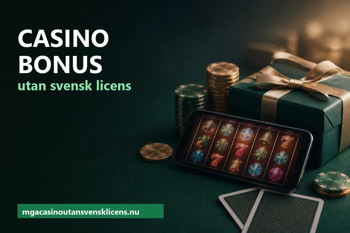 Mobil med en spelautomat bredvid casinomarker och ett inslaget paket på ett grönt spelbord