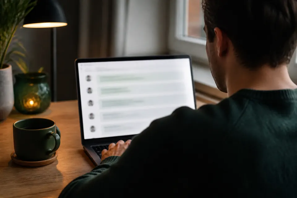 Laptop med en lång forumtråd i suddigt fokus på ett skrivbord i kvällsljus