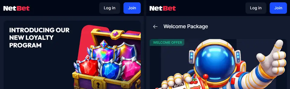 NetBet startsida och välkomstsida i mobilen