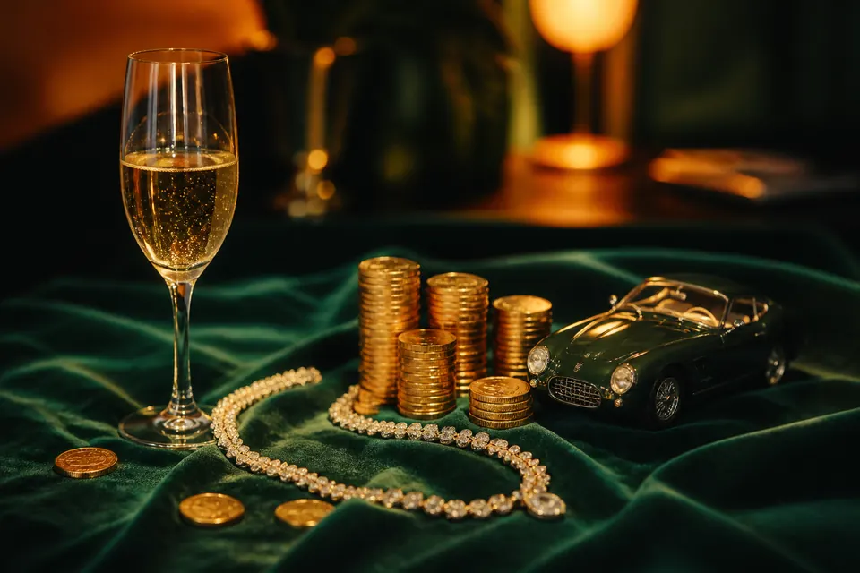 Guldmynt, smycken och champagneglas i varmt ljus
