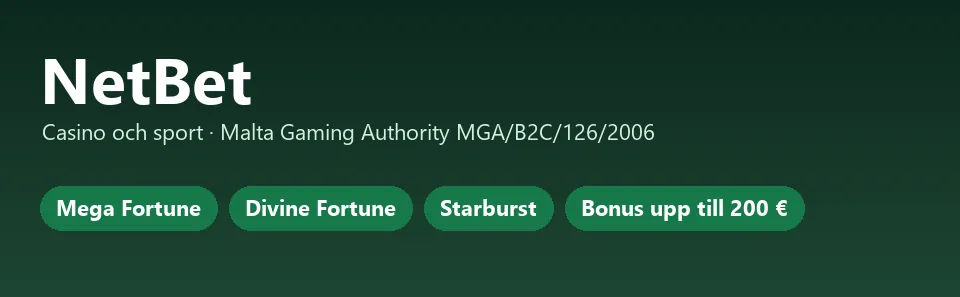 NetBet i korthet: Mega Fortune, Divine Fortune, Starburst och bonus upp till 200 €