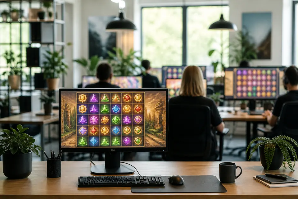 Utvecklare vid skärmar med färgglada slots i ett ljust studiokontor