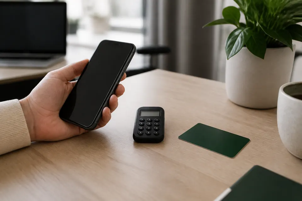 Hand som håller en mobiltelefon bredvid en liten kodbricka på ett skrivbord