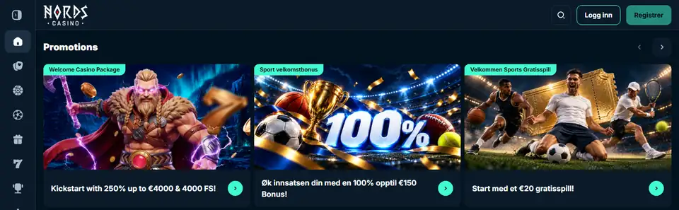 Nords Casinos norska startsida med kampanjerna Sport velkomstbonus och Velkommen Sports Gratisspill