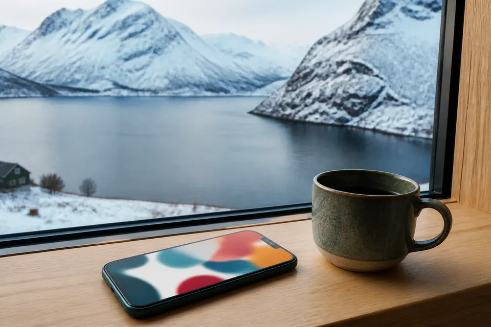 Mobiltelefon och kaffekopp på ett bord vid ett fönster mot en snöig norsk fjord