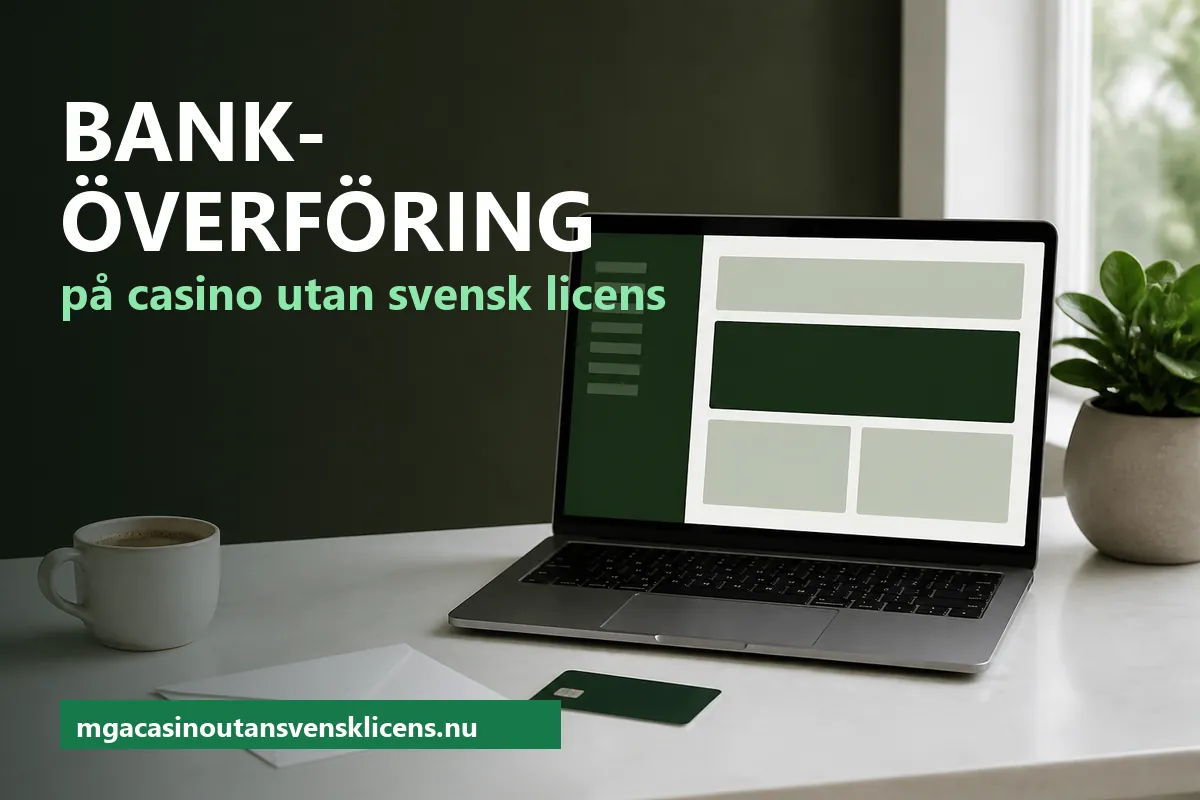 Laptop med en bankapp av färgade block bredvid ett blankt bankkort, ett kuvert och en kaffekopp på ett ljust skrivbord