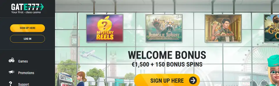 Gate777:s startsida med välkomstbonus på 1 500 € och 150 bonusspinn
