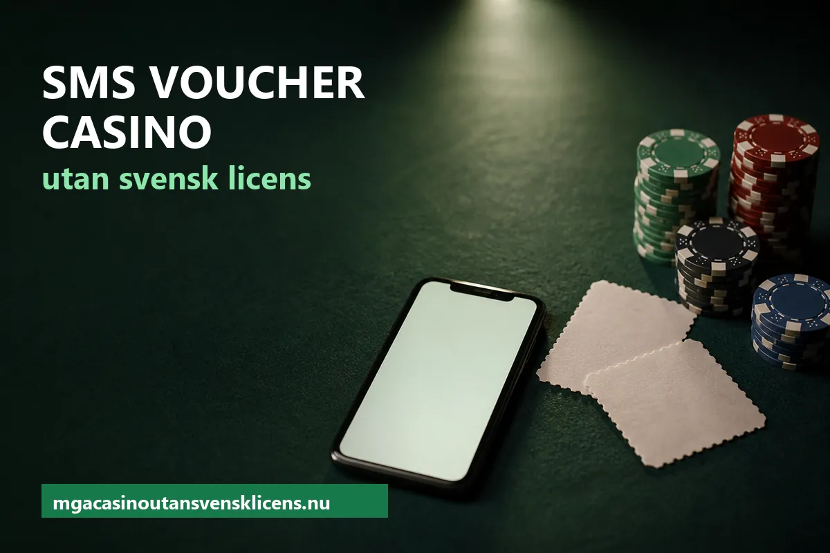 Mobiltelefon, ett par kupongkvitton och marker på ett mörkgrönt bord – SMS voucher casino utan svensk licens