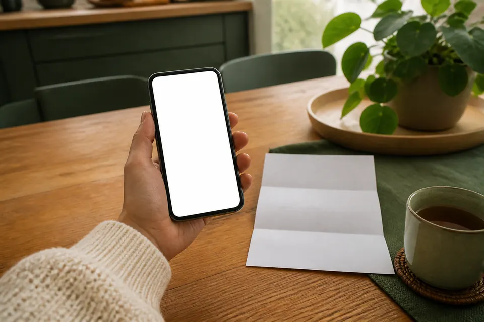 Hand som håller en mobiltelefon med tom skärm över ett köksbord med en pappersräkning