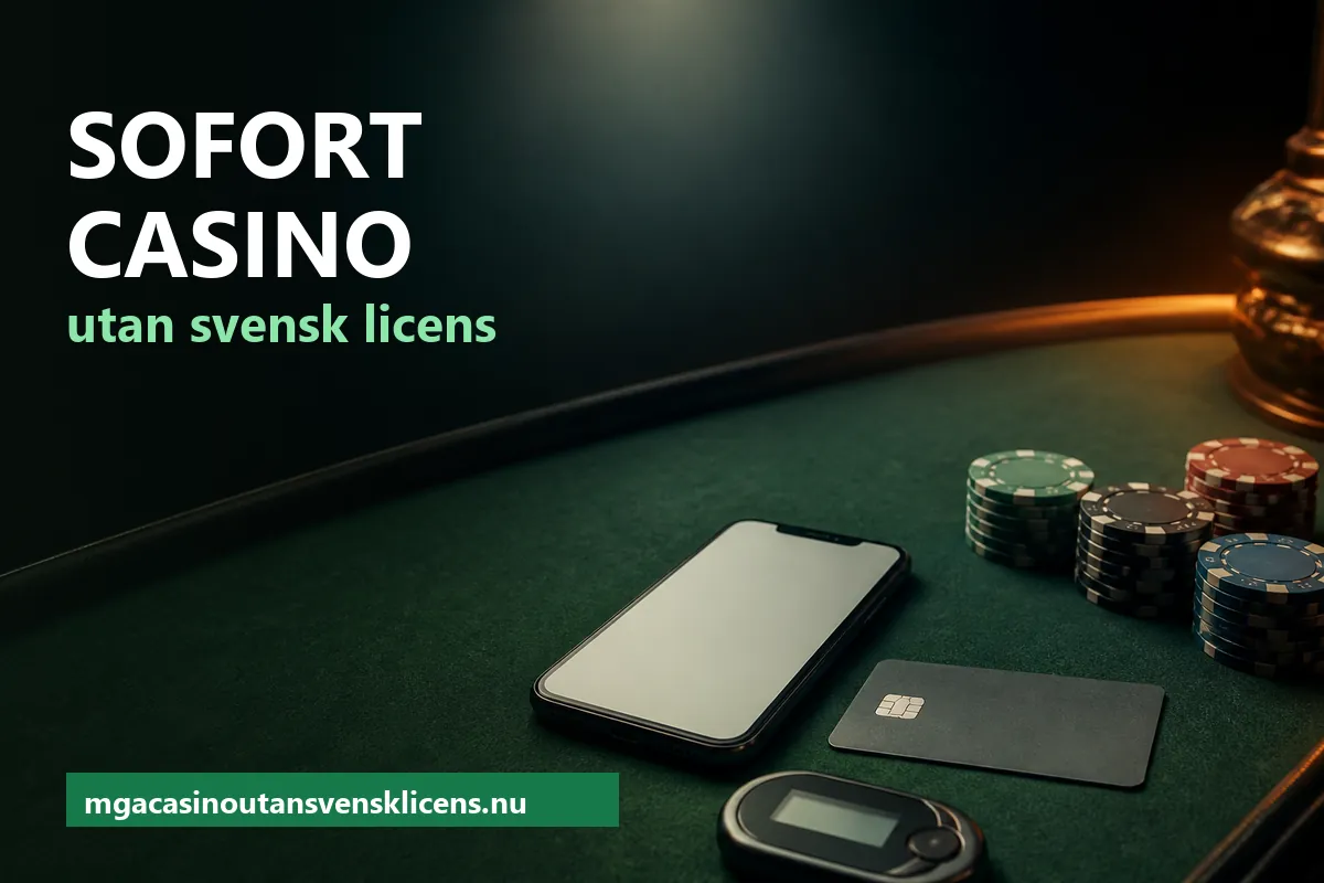Mobiltelefon, bankkort och en bankdosa bredvid marker på ett mörkgrönt spelbord – Sofort casino utan svensk licens