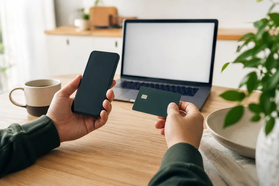 Person vid ett köksbord med mobiltelefon och bankkort, bärbar dator i bakgrunden