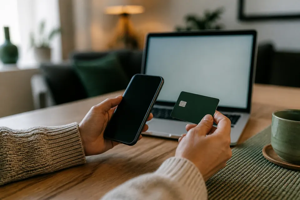 Händer som håller en mobiltelefon och ett bankkort framför en bärbar dator