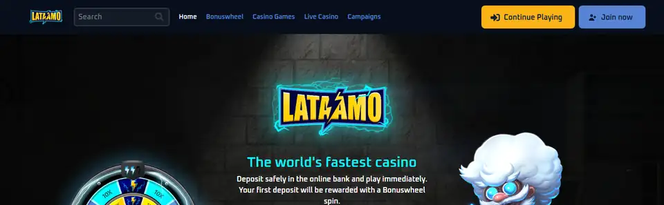 Lataamos startsida med texten The world's fastest casino och bonushjulet