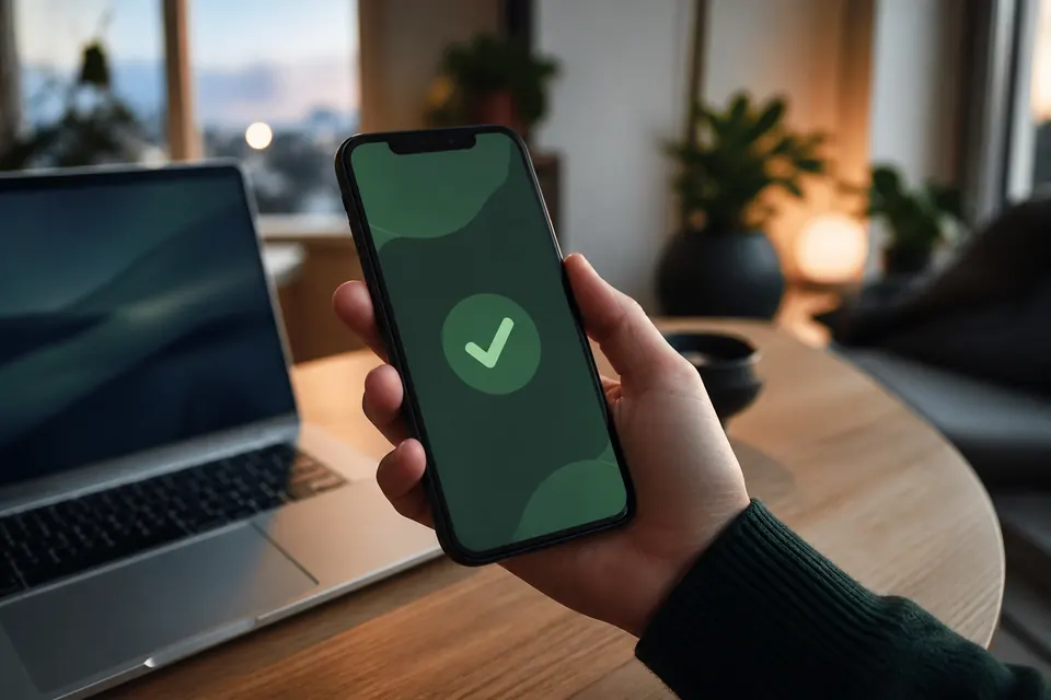 Hand som håller en mobiltelefon med en grön bekräftelsesymbol ovanför en laptop på ett skrivbord