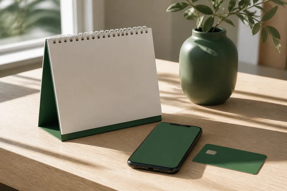 Kalender utan siffror, en mobiltelefon och ett bankkort utan tryck på ett ljust träskrivbord i morgonljus