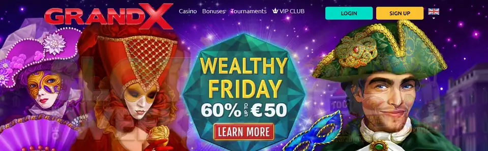 GrandX startsida med Wealthy Friday-kampanj och venetianska masker
