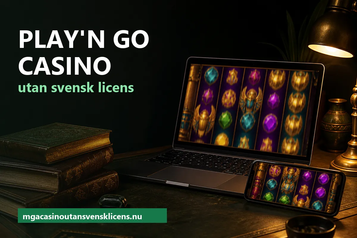 Laptop och mobil med slotspel i egyptisk stil – Play'n GO casino utan svensk licens