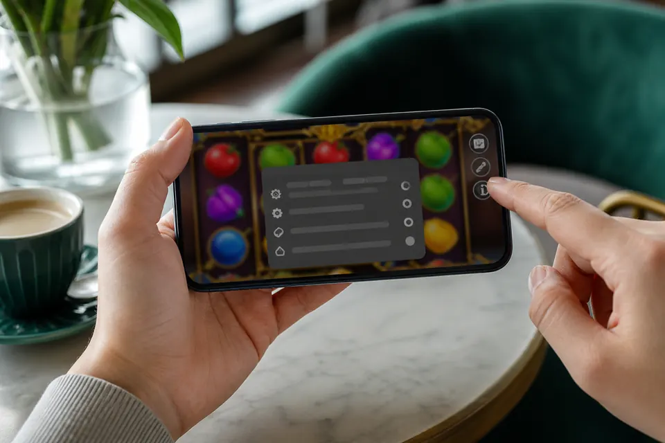 Hand som trycker på info-knappen i ett slotspel på mobilen