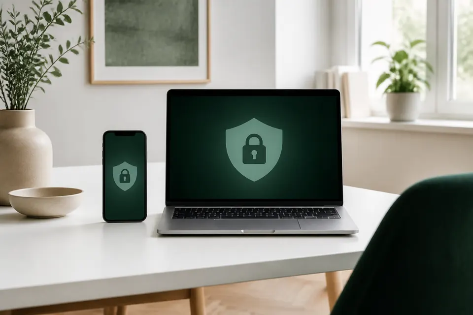 Blockera spelsidor – laptop och mobil på ett vitt skrivbord med en grön sköld med hänglås på skärmarna