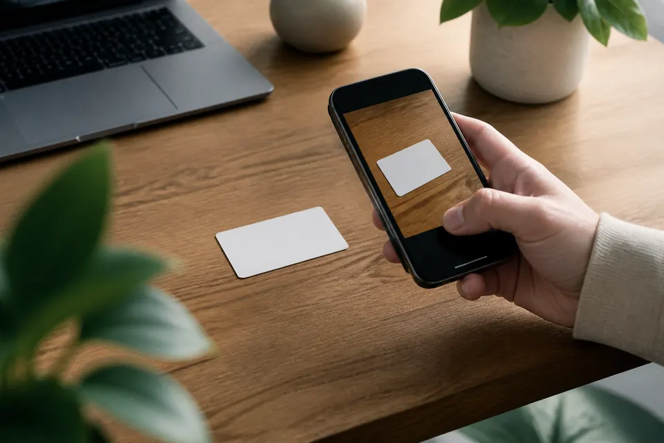 Hand som fotograferar ett id-kort utan text med en mobiltelefon på ett skrivbord