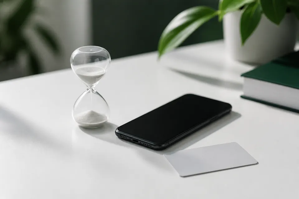 Timglas bredvid en mobiltelefon och ett bankkort på ett ljust skrivbord