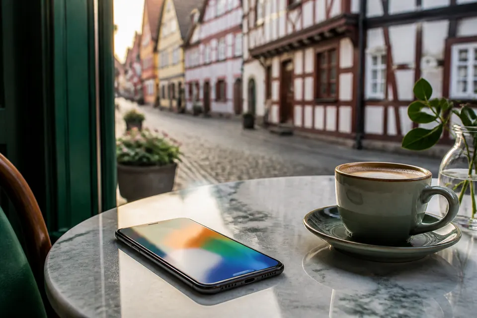Mobiltelefon och kaffekopp på ett kafébord vid ett fönster mot en gata med korsvirkeshus