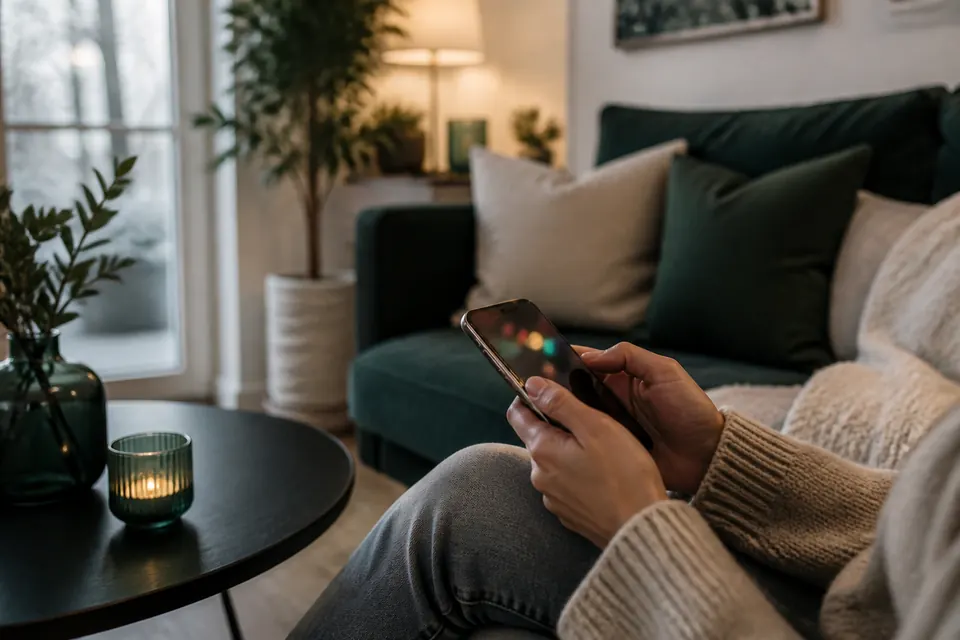 Händer som håller en mobiltelefon i en ljus soffa