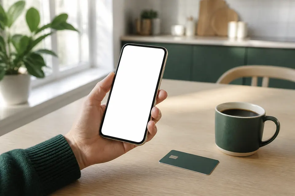 Hand som håller en mobiltelefon över ett köksbord med ett bankkort bredvid