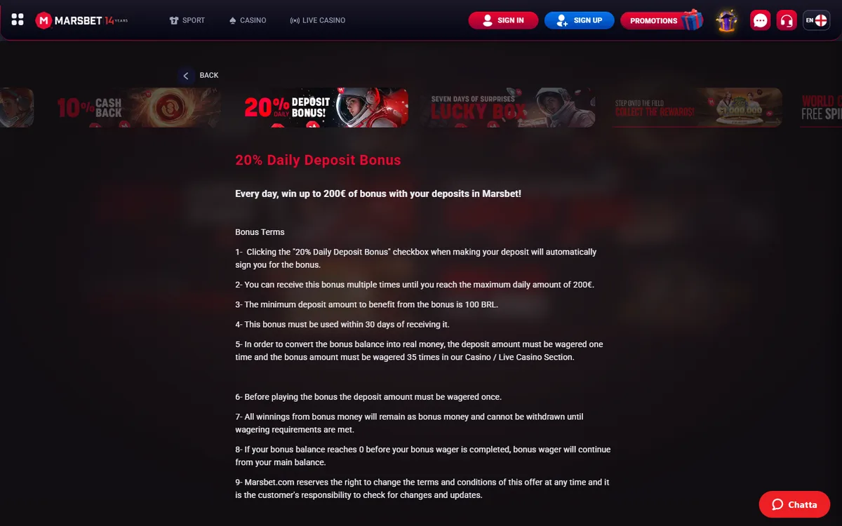 Villkoren för Marsbet bonus 20 % Daily Deposit Bonus