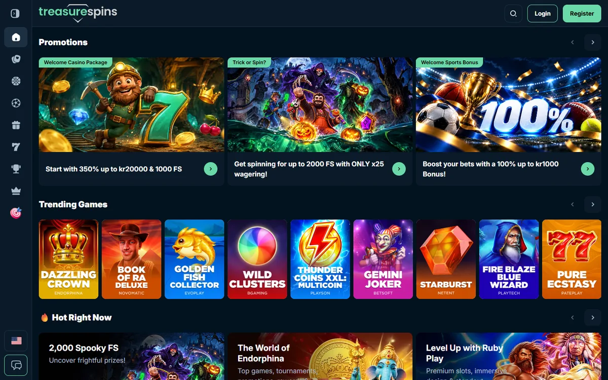 Treasure Spins Casino startsida på desktop