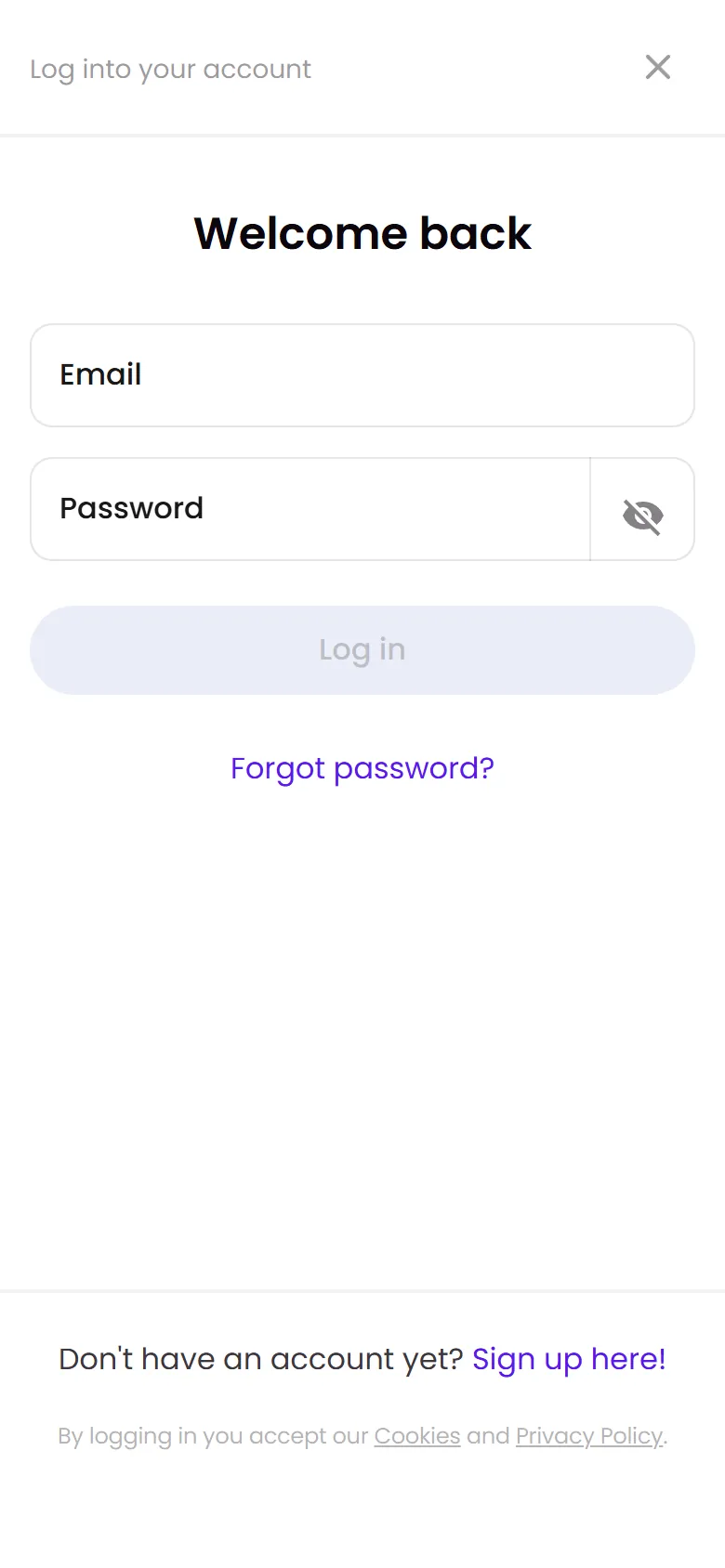 Trickz inloggning på mobilen med e-post och lösenord