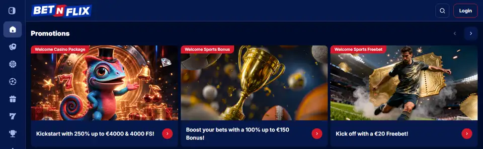 BetNFlix startsida med casino, livecasino och sport i menyn