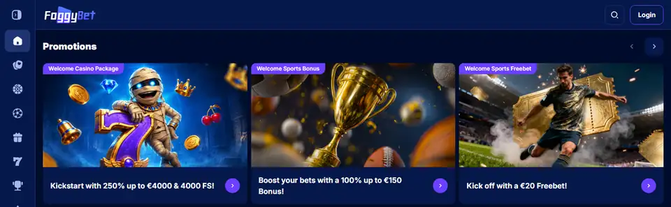 FoggyBet startsida med casino, live casino och sport i menyn