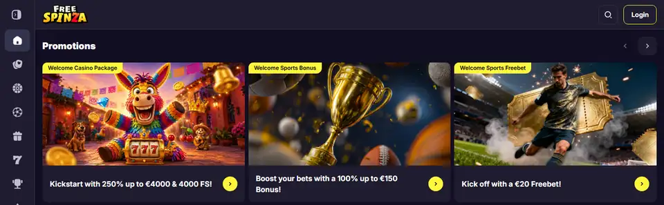 Freespinzas startsida med välkomstpaketet och sportbonusarna